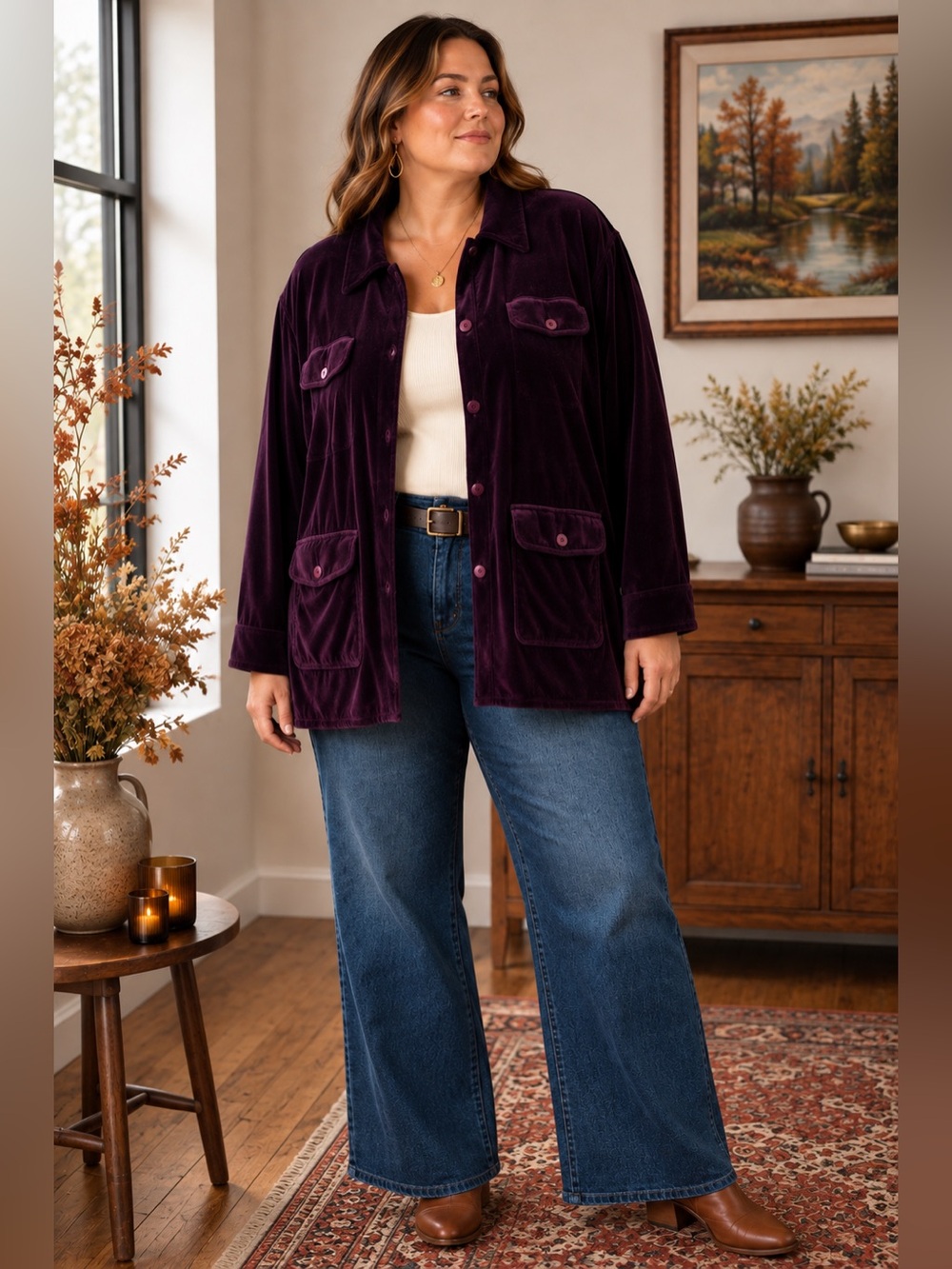 Vintage Elisabeth Liz & Co Liz Claiborne Velvet Utility Shacket 1X Plum Purple